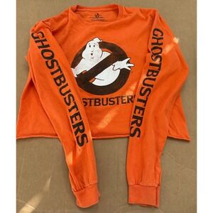 Ghostbusters Orange Cropped Long Sleeve T Shirt Women's Size M Retro Movie Pop